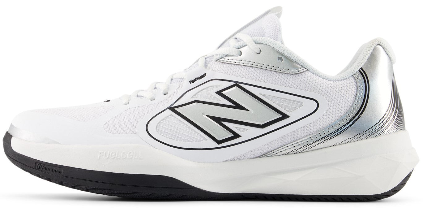 A profile view of a white athletic shoe featuring a silver 'N' logo on the side, a silver heel accent, and a black rubber outsole.