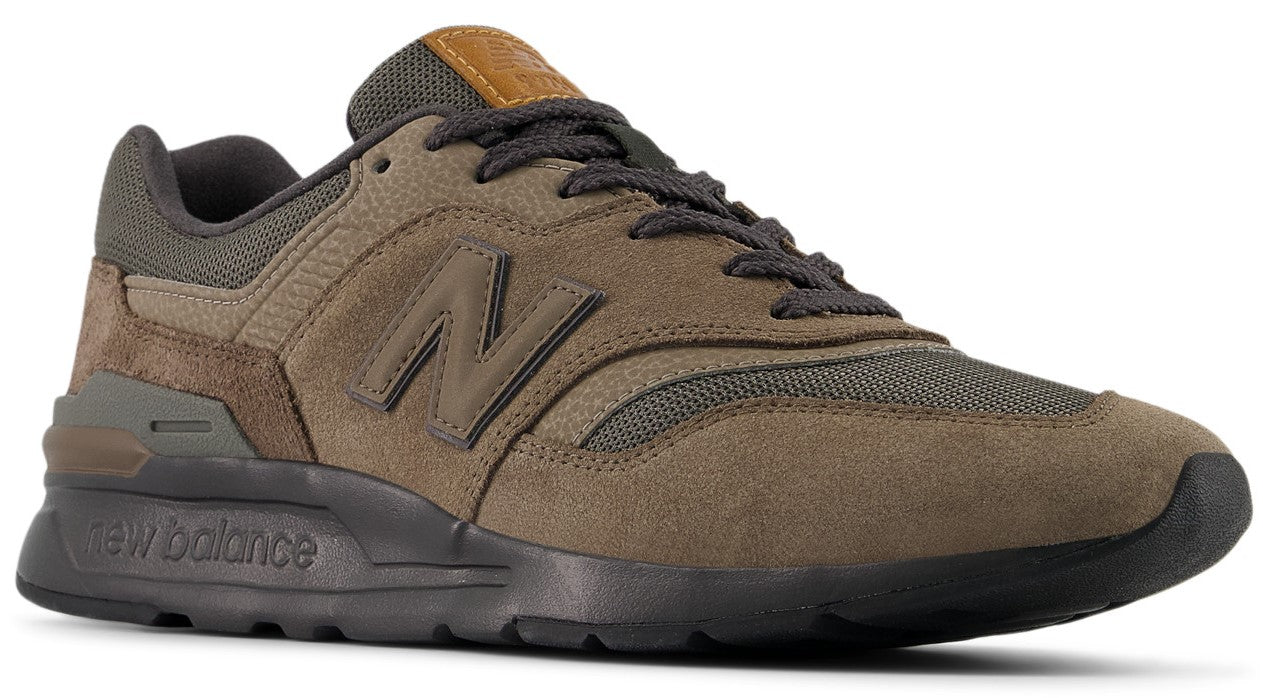 Olive and brown sneaker with a large 'N' on the side and 'new balance' on the midsole.