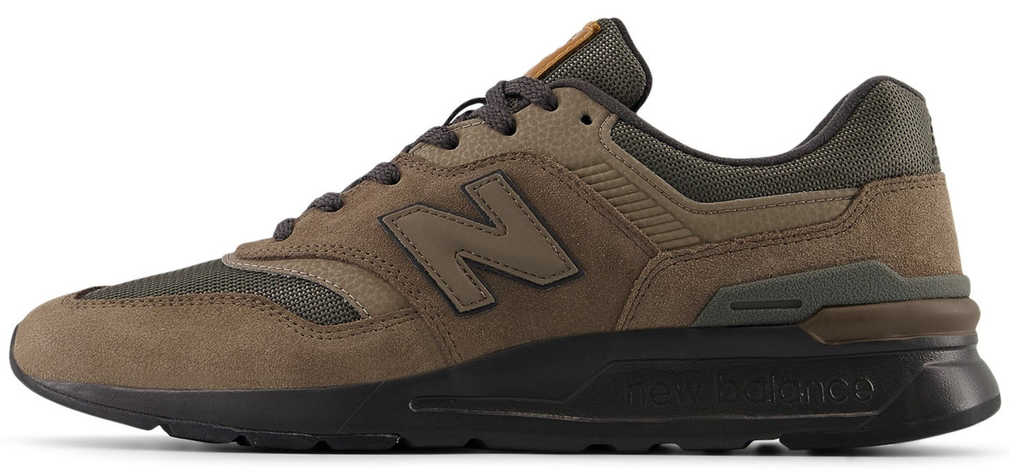 A brown New Balance 997H sneaker with dark laces and a black sole.