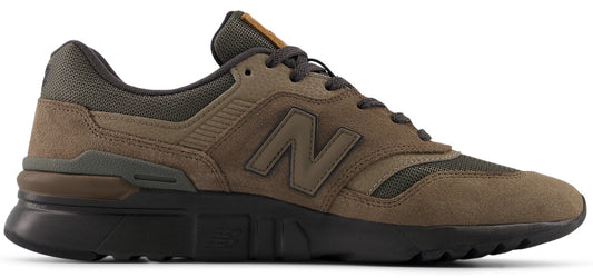 A dark colored athletic shoe with the letter N logo on the side.