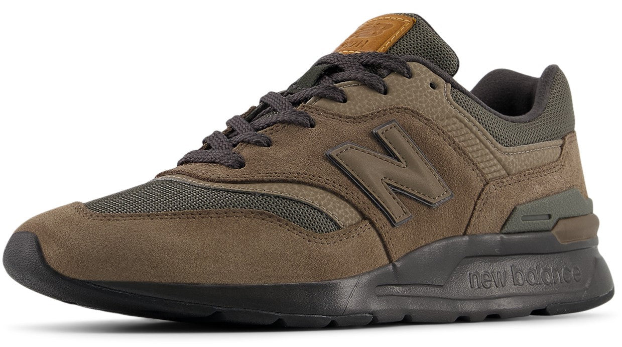 Olive green suede and mesh sneaker with dark grey 'N' logo, laces, and sole.