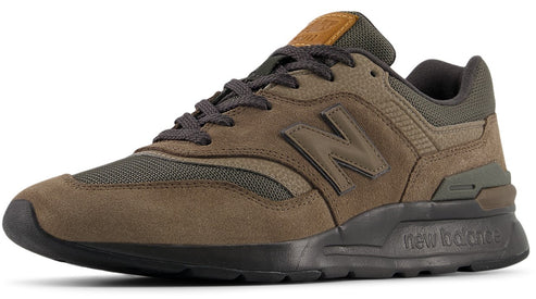 Olive green suede and mesh sneaker with dark grey 'N' logo, laces, and sole.