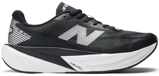 A black running shoe with a silver "N" logo and white midsole.