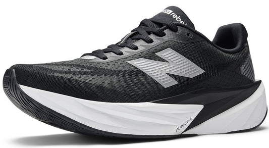 A black running shoe with a white sole and the word 
