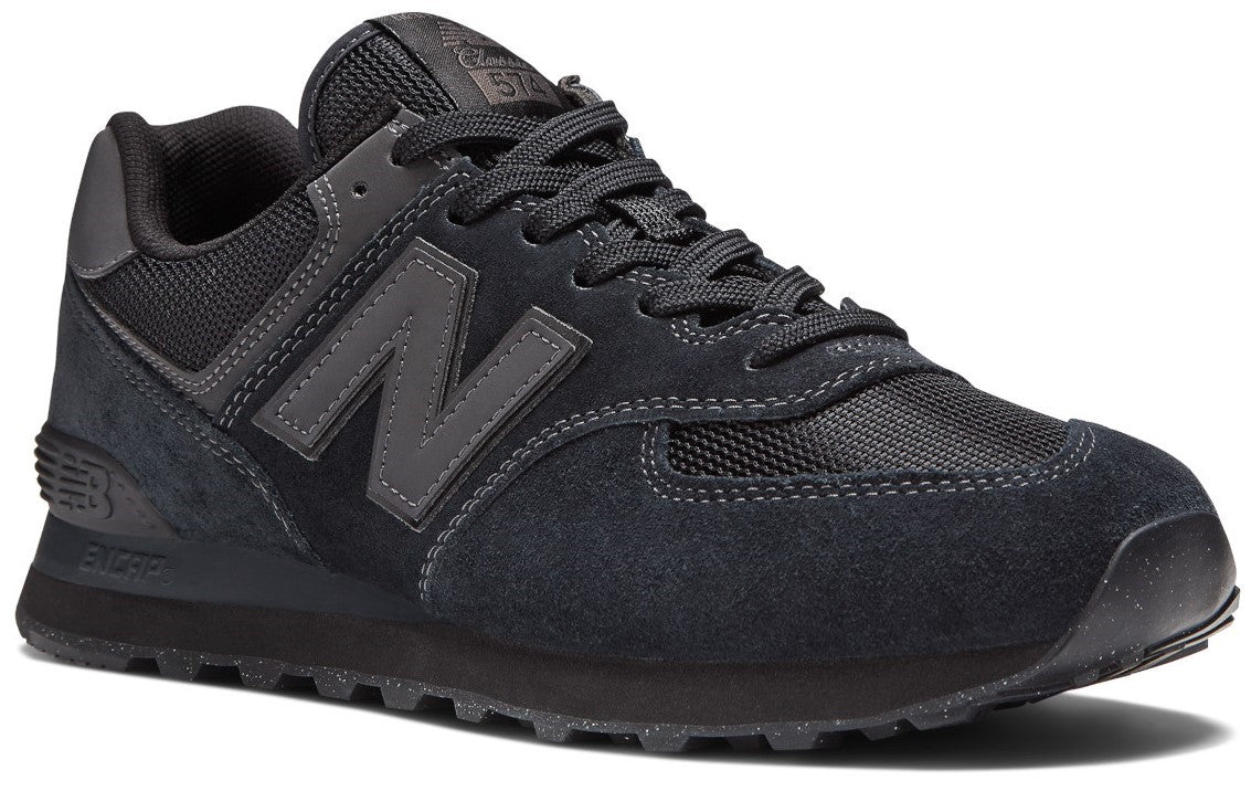 A low-top athletic sneaker in an all-black colorway, featuring a mix of suede and mesh materials on the upper, a large letter N logo on the side, a lace-up front closure, and a cushioned midsole with the text ENCAP visible on the heel.