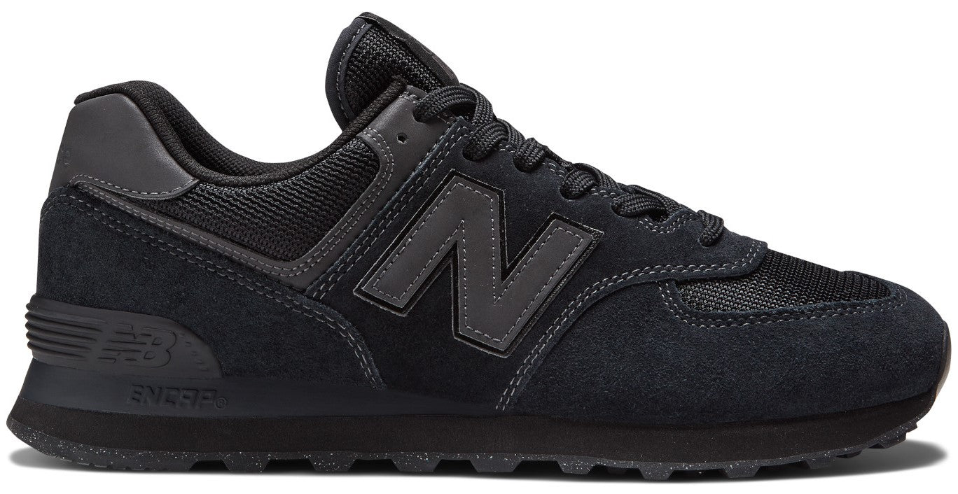 A black New Balance 574 sneaker with a suede and mesh upper, a gray N logo on the side, and a black ENCAP midsole.