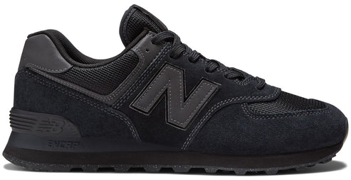 A black New Balance 574 sneaker with a suede and mesh upper, a gray N logo on the side, and a black ENCAP midsole.