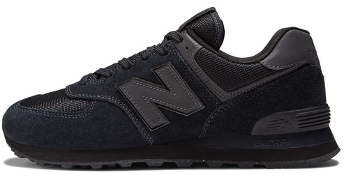 A black New Balance 574 sneaker viewed from the side, featuring a suede and mesh upper, a dark grey 'N' logo on the side, and a thick black midsole with ENCAP technology.