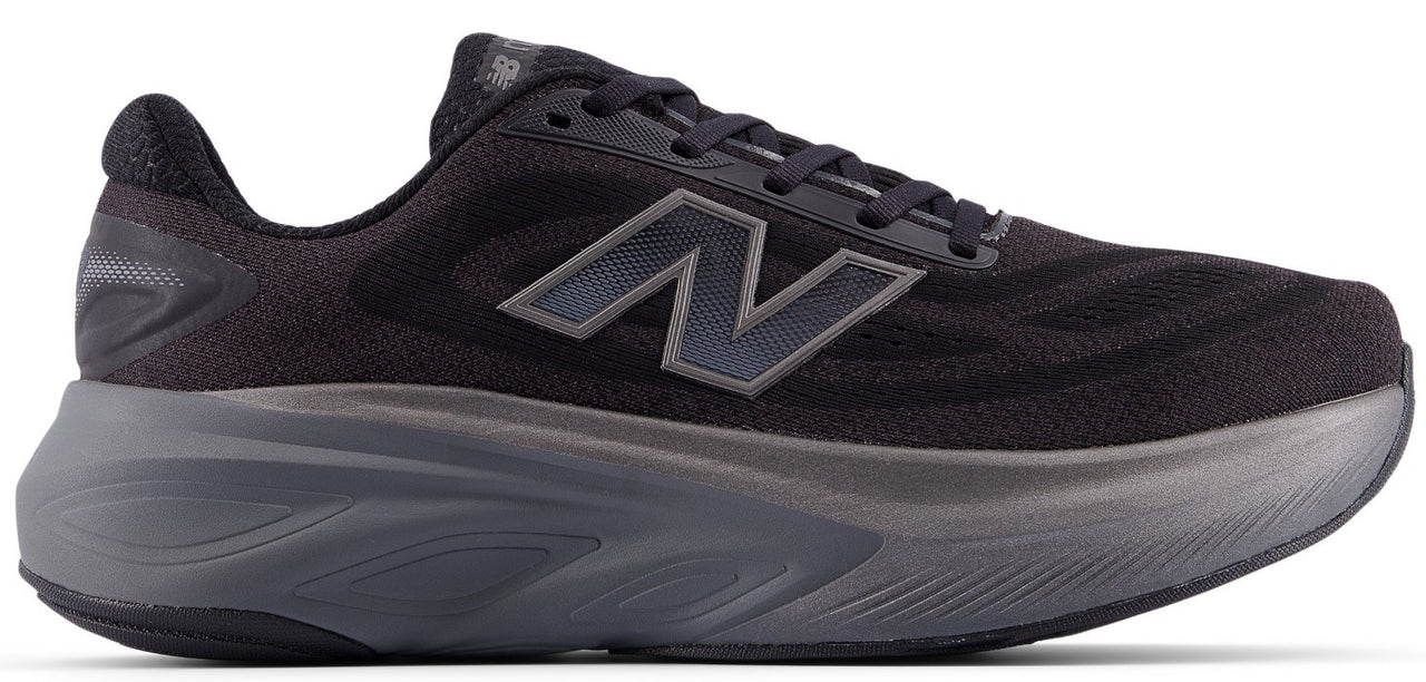 A running shoe in black with a gray sole and an "N" logo on the side.