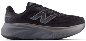 A running shoe in black with a gray sole and an "N" logo on the side.