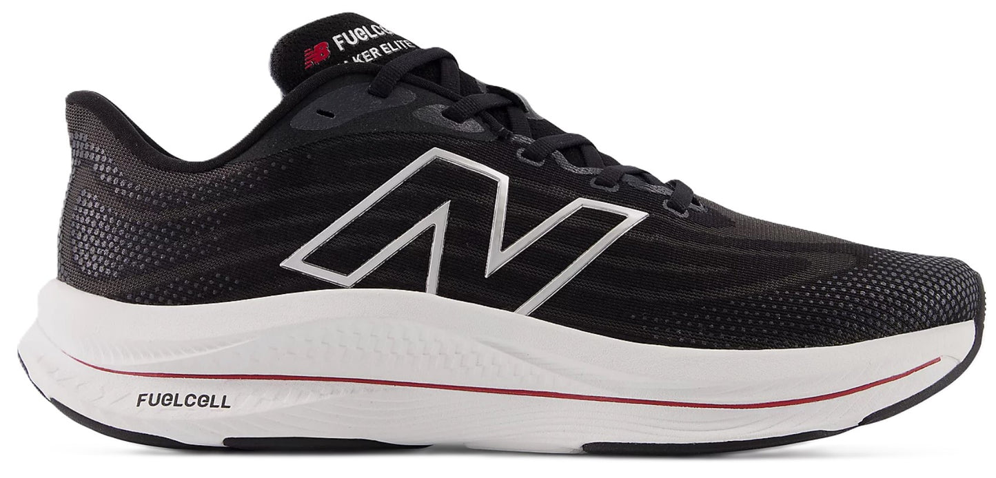 A black running shoe with white "N" logo and white midsole with "FUELCELL" text.