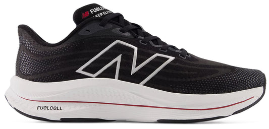 A black running shoe with white "N" logo and white midsole with "FUELCELL" text.