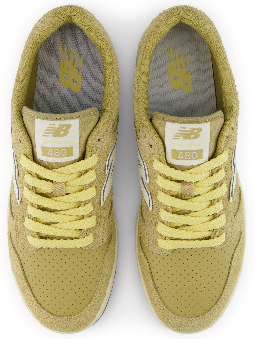 A pair of olive-green perforated suede sneakers with pale yellow laces and tongues labeled '480' with the New Balance logo, viewed from directly above.