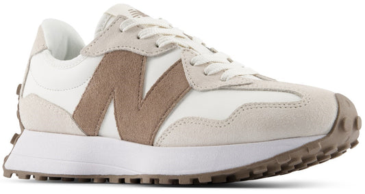 A New Balance 327 sneaker in a beige and white colorway, featuring a white nylon base with light grey suede overlays and a prominent tan suede N logo on the side, set atop a thick white midsole and a textured brown rubber outsole that extends up the heel.