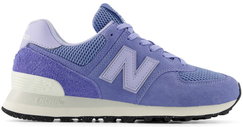 Lavender sneaker with suede overlays, mesh panels, light purple "N" logo, and off-white midsole.