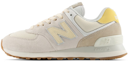 A low-top athletic sneaker featuring a light cream and beige color palette, with a signature logo on the side in a soft yellow, mesh and suede upper construction, a white midsole with ENCAP branding, and a gum rubber outsole.