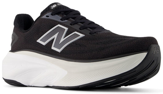 Black running shoe with a white 'N' logo and a thick, curved white sole.