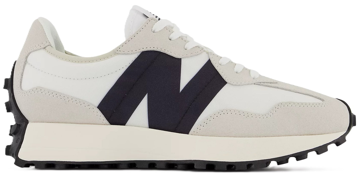 A white sneaker with a black "N" logo on the side.