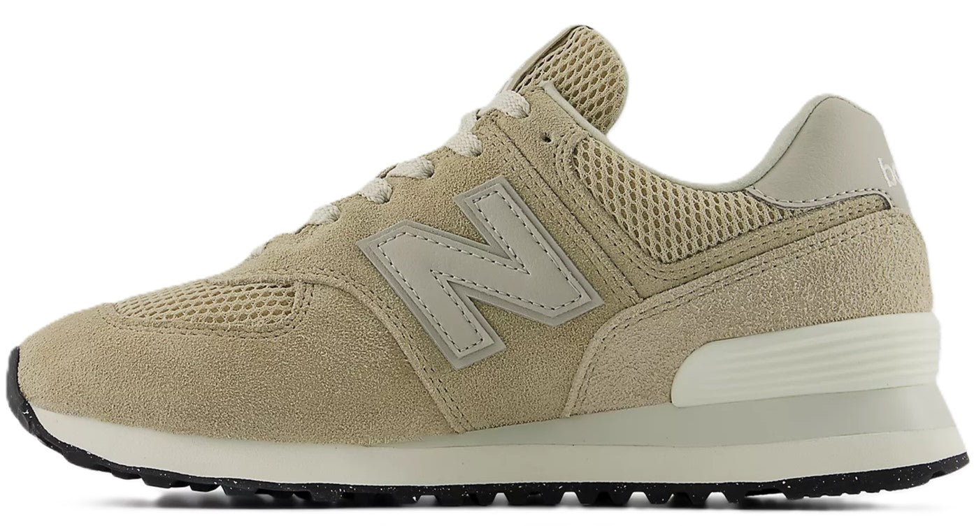 Beige suede sneaker with a large 'N' logo and a black speckled sole.