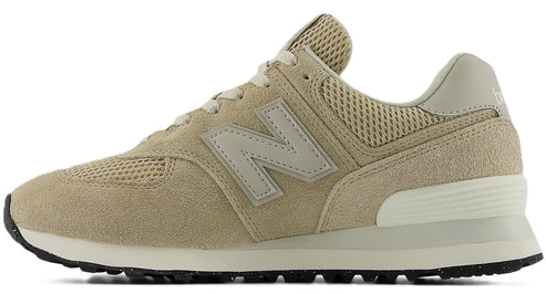 Beige suede sneaker with a large 'N' logo and a black speckled sole.
