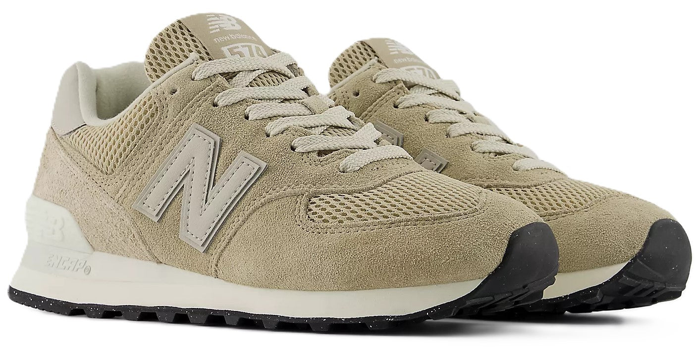 Tan suede and mesh sneakers with 'N' logo and black outsole.