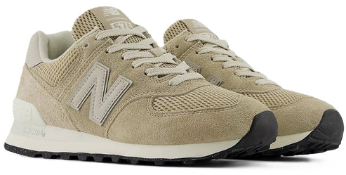 Tan suede and mesh sneakers with 'N' logo and black outsole.