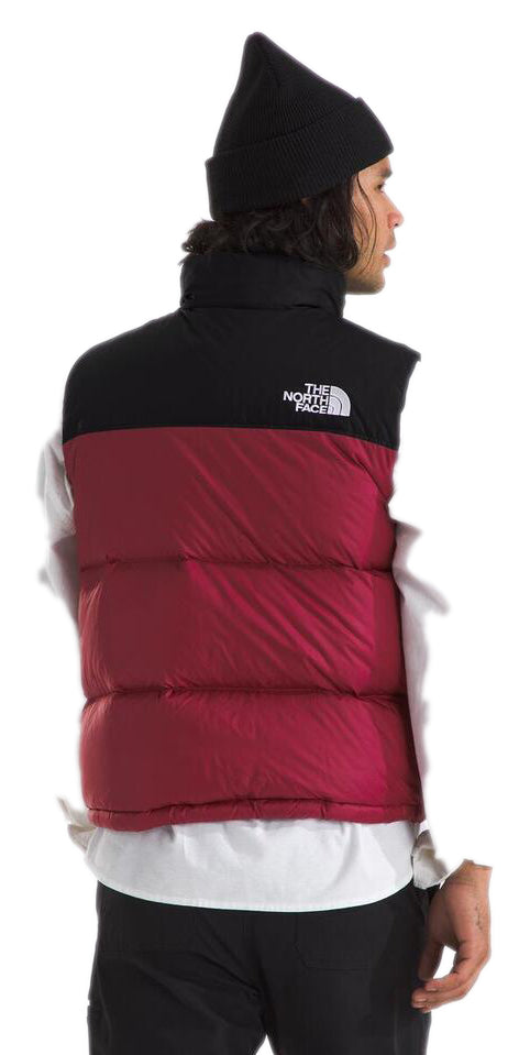 A person wearing a black beanie and a two-tone down vest with a logo.