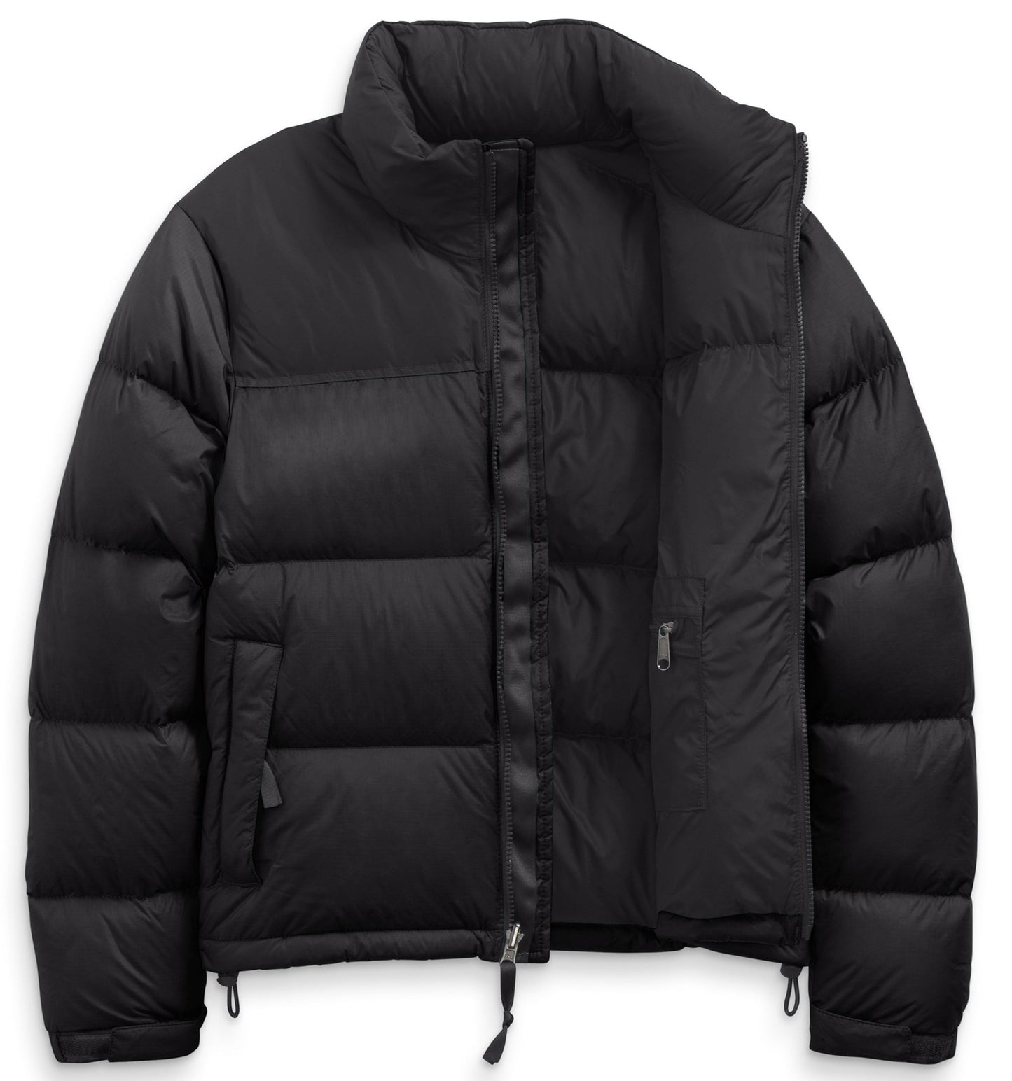 Black puffer jacket with a high collar and zipper closure.