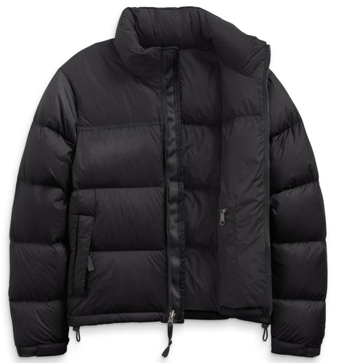 Black puffer jacket with a high collar and zipper closure.