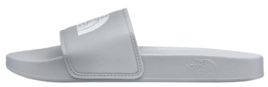 A gray slide sandal with a wide strap across the top of the foot.