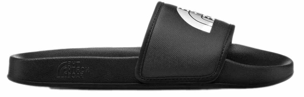 A black slide sandal with a wide strap featuring a white circular logo.