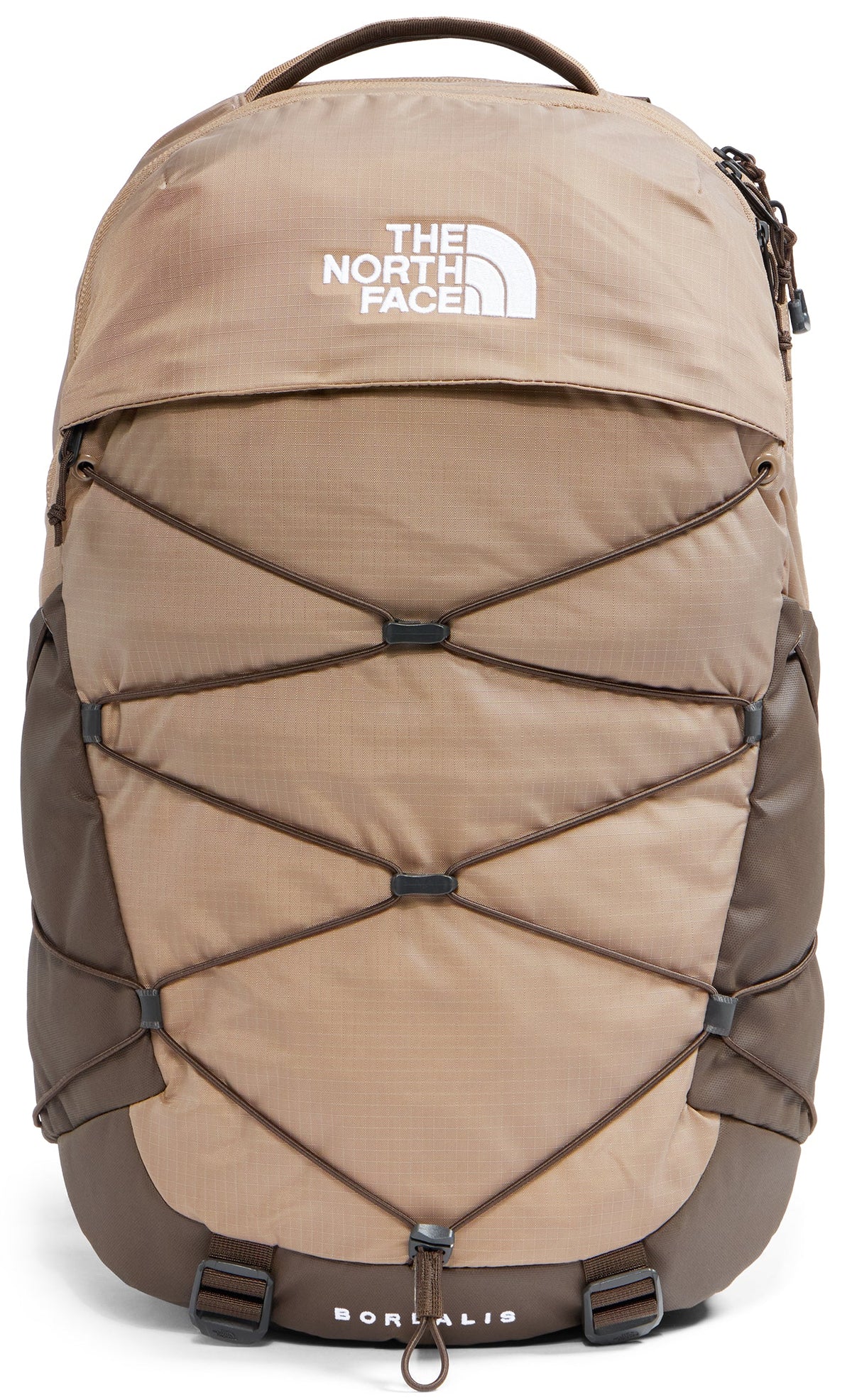 A tan and dark brown Borealis backpack with a top carry handle, front bungee cord system for storage, and the North Face logo at the top.