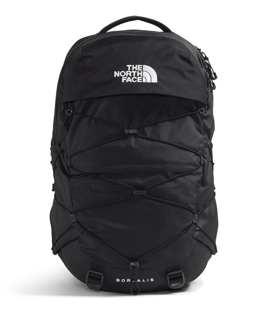 Black backpack with THE NORTH FACE logo near the top and BOREALIS text near the bottom.