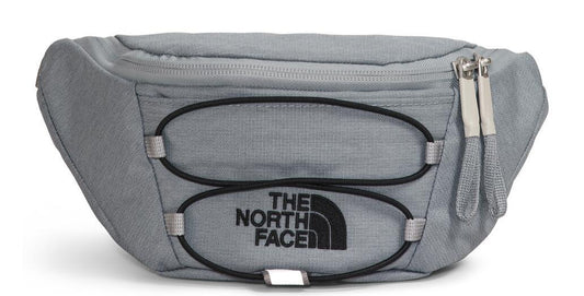 Gray waist bag with black elastic cording and "THE NORTH FACE" logo.