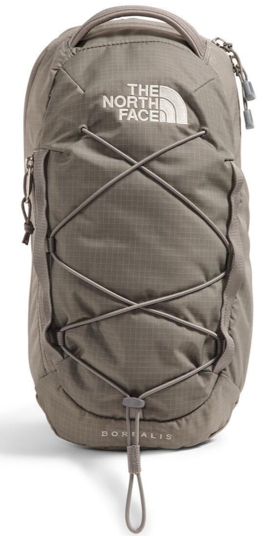 Gray backpack with criss-cross straps and a top handle.