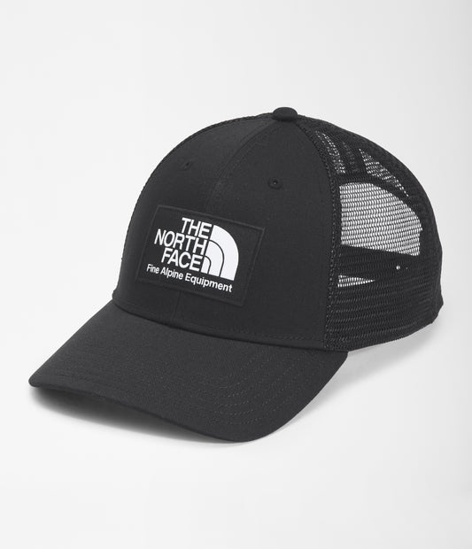 Black trucker hat with mesh back, front logo patch: THE NORTH FACE Fine Alpine Equipment.