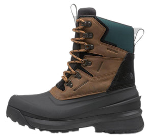 Tall waterproof winter boot with black rubber lower portion, brown leather upper with metal eyelets, and green padded collar.