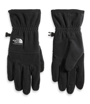 Two black fleece gloves with grip dots on the palm. The North Face logo on one glove.