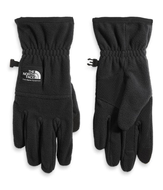 Two black fleece gloves with grip dots on the palm. The North Face logo on one glove.