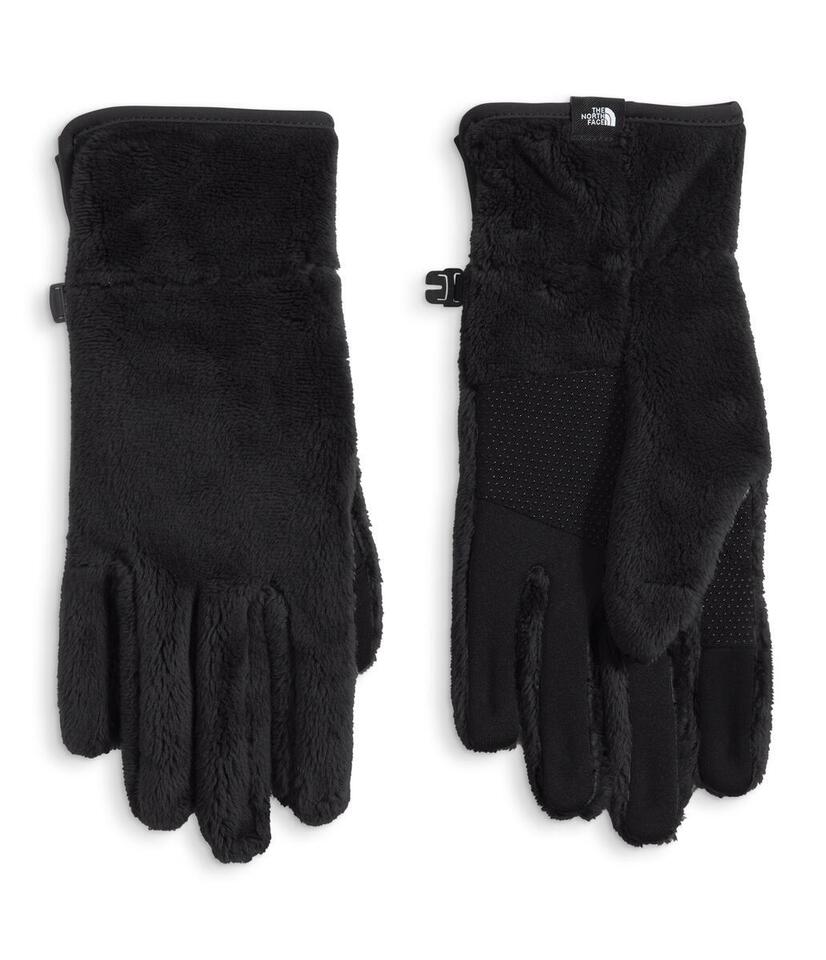 A pair of black fleece gloves. One with the palm facing up showing textured material, the other with the back of the hand facing up.