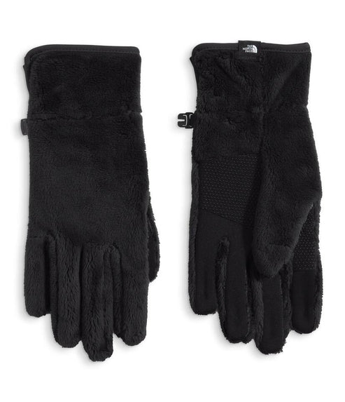A pair of black fleece gloves. One with the palm facing up showing textured material, the other with the back of the hand facing up.