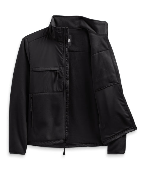 Open, black, zippered, long-sleeve jacket with high collar.