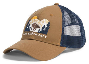 Khaki and navy baseball cap with embroidered landscape and "THE NORTH FACE" text.