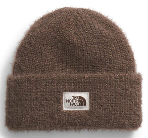 Brown beanie with a square logo patch.