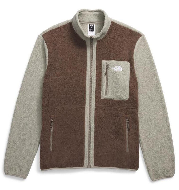 Taupe fleece jacket with full-length zipper and chest pocket.
