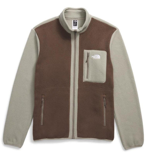 Taupe fleece jacket with full-length zipper and chest pocket.