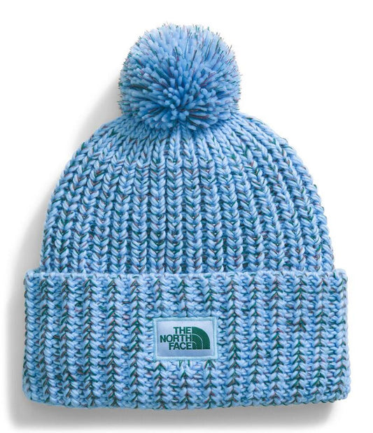 Blue knit beanie hat with pompom and logo patch.