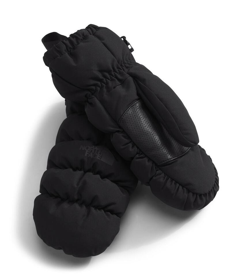 A pair of black puffy mittens, with leather reinforcement on the palms.