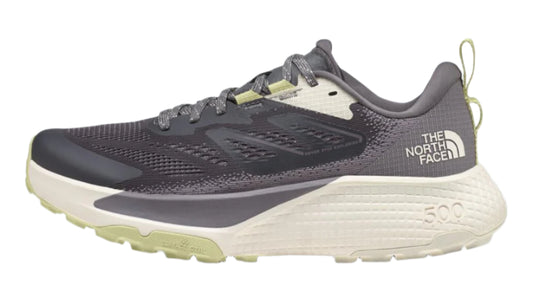 Gray running shoe with cream sole and brand logo on side.