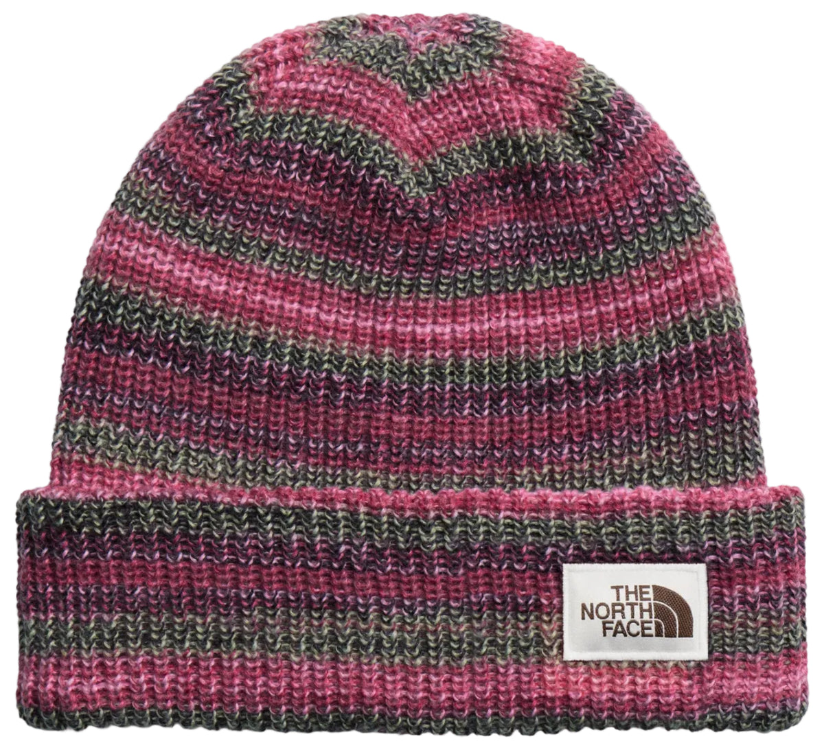A cuffed beanie featuring a variegated knit pattern in horizontal stripes of pink, purple, and charcoal grey, with a rectangular patch on the front cuff bearing the text THE NORTH FACE in dark brown.